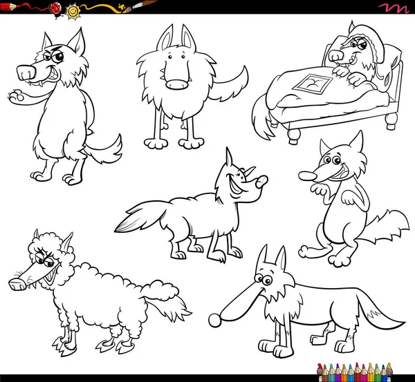 Desenhos Animados Preto Branco Ilustração Lobos Personagens Animais Conjunto Página — Vetor de Stock