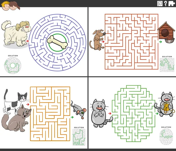 Dibujos Animados Ilustración Juegos Puzzle Laberinto Educativo Conjunto Con Gatos — Archivo Imágenes Vectoriales