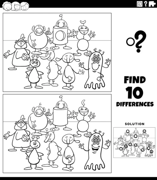 用黑白卡通画说明与外星人或怪物人物群体的图片教育游戏的区别 — 图库矢量图片