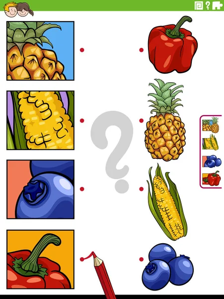 Ilustracja Kreskówki Działalności Edukacyjnej Dopasowania Owoców Warzyw Zdjęć Wycinków — Wektor stockowy