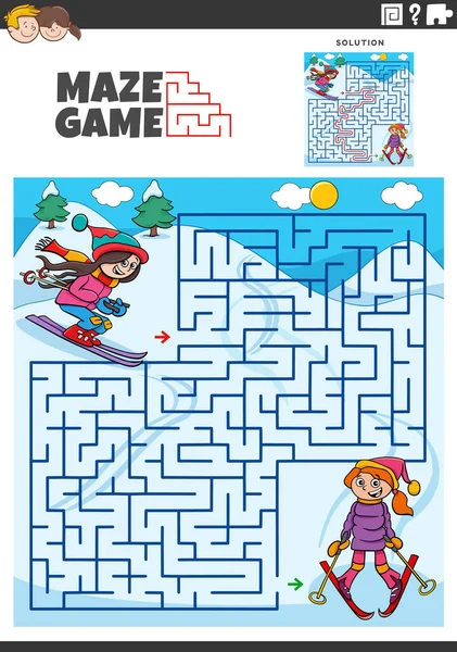 Cartoon Illustration Der Pädagogischen Labyrinth Puzzle Aktivität Mit Mädchen Charaktere — Stockvektor
