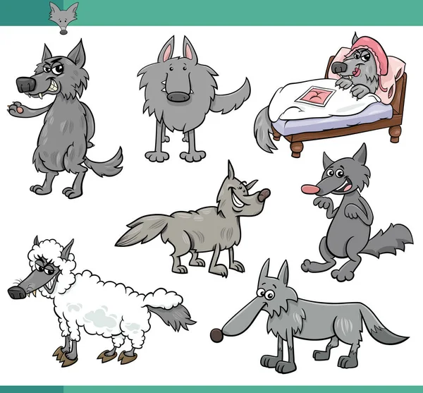 Cartoon Ilustrace Legrační Vlci Komické Zvířecí Postavy Set — Stockový vektor