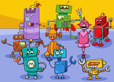 Komik robotlar çizgi roman karakterleri grubu çizimi