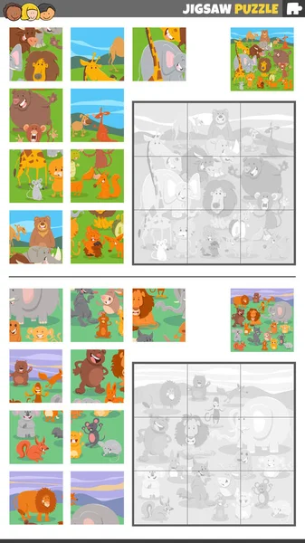 Ilustracja Kreskówki Edukacyjne Układanki Działania Puzzle Zestaw Grupy Postaci Dzikich — Wektor stockowy