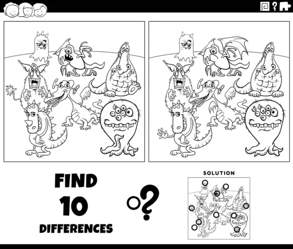 Černobílé Kreslené Ilustrace Nalezení Rozdílů Mezi Obrázky Vzdělávací Hra Monstry — Stockový vektor