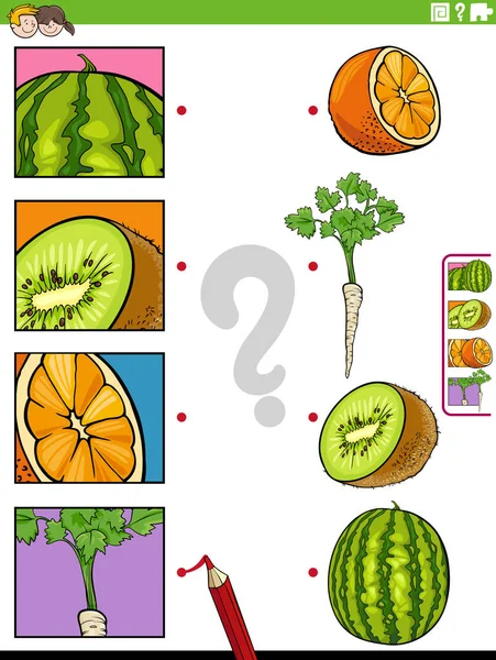 Meyve Sebze Fotoğraf Küpürleriyle Eğitici Eşleştirme Oyununun Çizgi Film Çizimi — Stok Vektör
