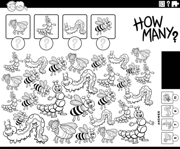 用卡通昆虫动物角色着色页的教育计数游戏的黑白图解 — 图库矢量图片