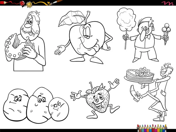 Desenhos Animados Preto Branco Ilustração Humorística Objetos Alimentares Personagens Pessoas — Vetor de Stock