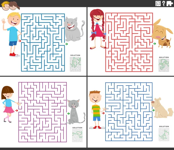 Illustration Dessins Animés Activités Éducatives Puzzle Labyrinthe Avec Les Enfants — Image vectorielle