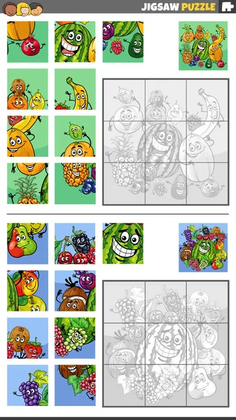 Tecknad Illustration Pedagogiska Pussel Aktiviteter Som Med Frukt Tecken Grupp — Stock vektor