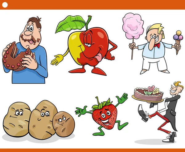面白い人や食べ物のキャラクターの漫画イラスト — ストックベクタ