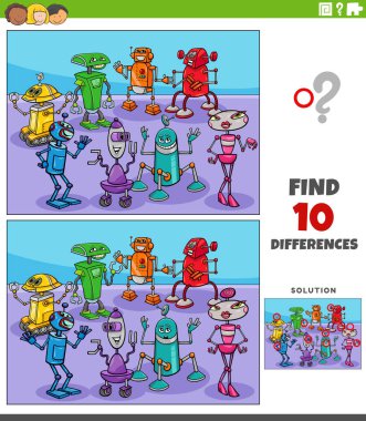 Robot karakterler grubuyla resim eğitimsel etkinlik arasındaki farklılıkları gösteren çizgi film çizimi