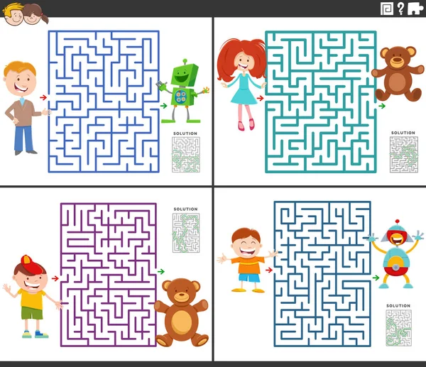 子供と彼らのおもちゃで設定された教育迷路パズルゲームの漫画イラスト — ストックベクタ