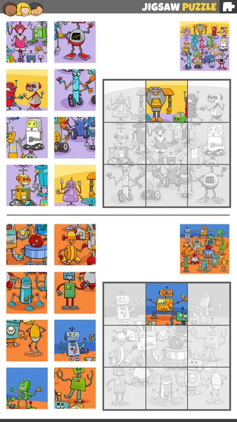 Rajzfilm Illusztráció Oktatási Kirakós Tevékenységek Beállított Robotok Karakterek Csoport — Stock Vector