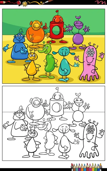Cartoon Ilustrace Legrační Cizinci Nebo Monstra Postavy Skupiny Zbarvení Stránky — Stockový vektor