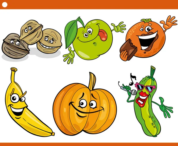 有趣的水果及蔬菜食物物品形象卡通画 — 图库矢量图片