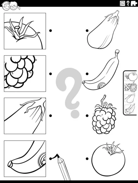 果物や野菜と教育マッチングタスクの黒と白の漫画のイラストや写真の切り抜き着色ページ — ストックベクタ