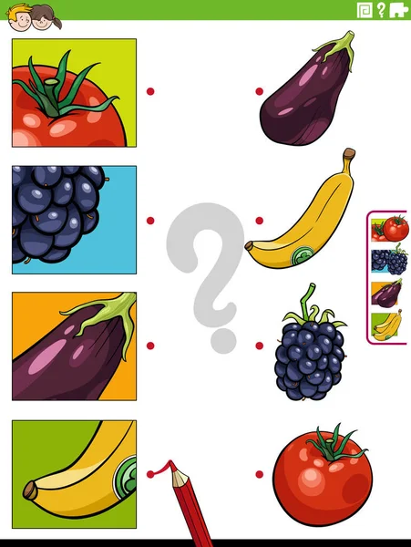 Desenhos Animados Ilustração Tarefa Correspondência Educacional Com Frutas Legumes Recortes — Vetor de Stock