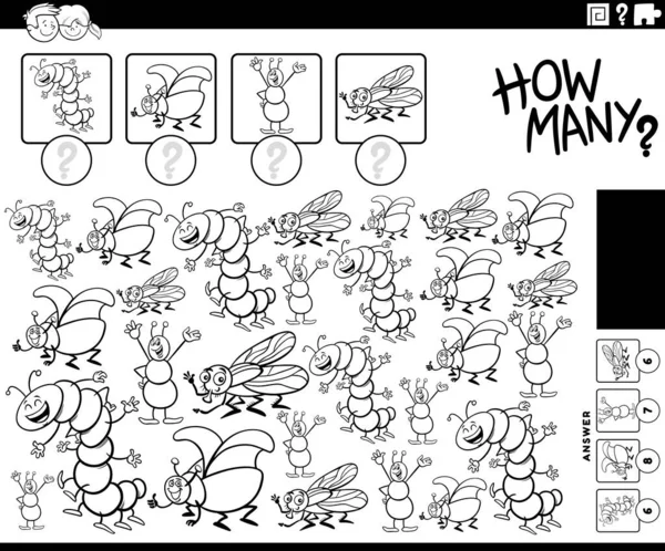 用卡通昆虫动物角色着色页的教育计数游戏的黑白图解 — 图库矢量图片