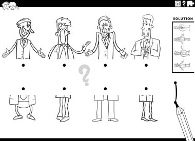 Komik adamlarla ya da iş adamlarıyla resimlerin yarısının eşleştirildiği eğitici oyunun siyah beyaz çizgi film çizimi