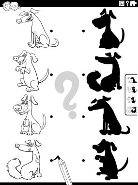 Siyah beyaz karikatür çizimleri doğru gölgeler ile komik köpek boyama sayfası ile eğitici aktiviteler eşleşiyor