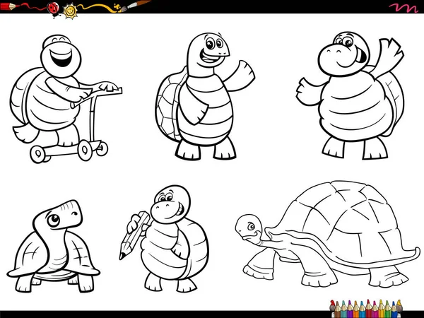 Černobílé Kreslené Ilustrace Legrační Želvy Plazi Komické Zvířecí Postavy Set — Stockový vektor