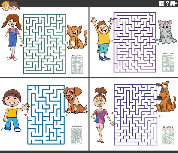 Cartoon Illustration Der Pädagogischen Labyrinth Puzzle Aktivitäten Mit Kindern Und — Stockvektor