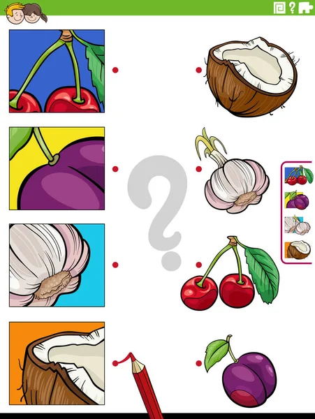 Tecknad Illustration Pedagogiska Matchning Uppgift Med Frukt Och Grönsaker Och — Stock vektor
