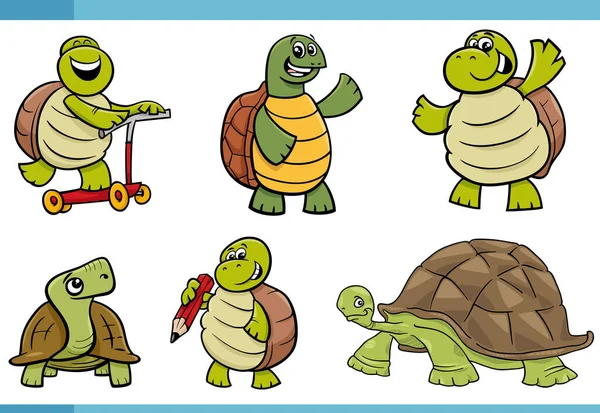 Komik Kaplumbağaların Çizgi Film Çizimi Sürüngenlerin Komik Hayvan Karakterleri — Stok Vektör