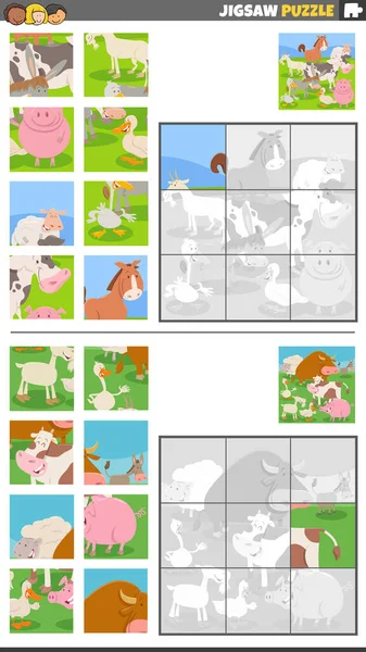 Ilustracja Kreskówki Edukacyjne Puzzle Układanki Zestaw Grupy Znaków Zwierząt Gospodarskich — Wektor stockowy