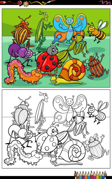 Dibujos Animados Ilustraciones Insectos Divertidos Personajes Animales Grupo Para Colorear — Archivo Imágenes Vectoriales