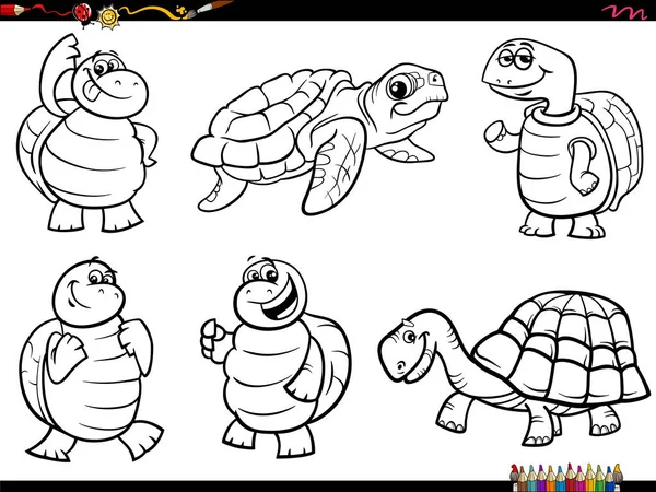 滑稽海龟爬行动物滑稽动物角色的黑白漫画图片集 — 图库矢量图片