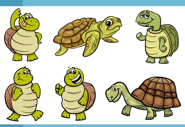 Ilustracja Kreskówki Śmieszne Żółwie Gadów Komiks Zwierząt Znaków Zestaw — Wektor stockowy