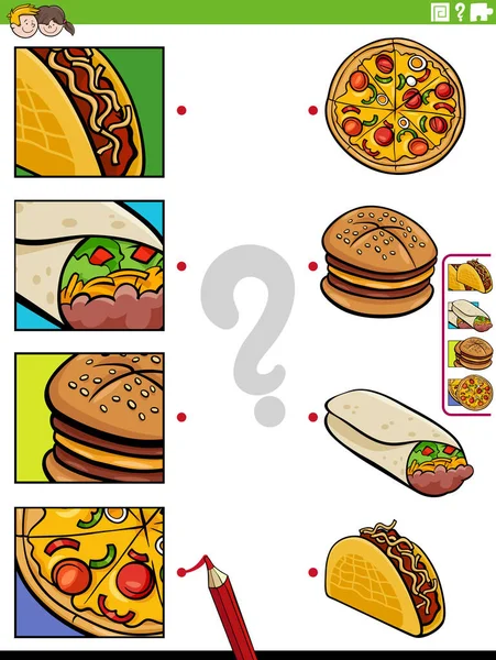 料理や食品オブジェクトや写真の切り抜きと教育マッチングゲームの漫画のイラスト — ストックベクタ