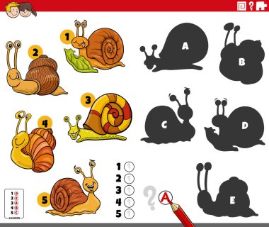 Çizgi film, komik salyangoz hayvan karakterlerinin yer aldığı eğitici oyunun doğru gölgelerini bulmanın çizimi