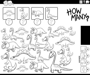 Çizgi film dinozorları tarih öncesi hayvan karakterleri boyama sayfası ile eğitici sayma oyununun siyah ve beyaz çizimi