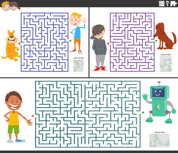 子供とペットやおもちゃで設定された教育迷路パズルゲームの漫画のイラスト — ストックベクタ