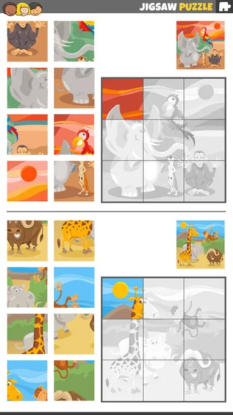Cartoon Illustration Educational Jigsaw Puzzle Games Set Wild Animal Characters — Stock Vector