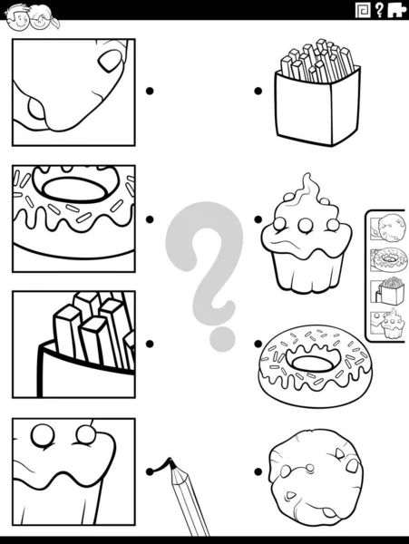 Ασπρόμαυρη Απεικόνιση Κινουμένων Σχεδίων Εκπαιδευτικό Παιχνίδι Που Ταιριάζουν Αντικείμενα Τροφίμων — Διανυσματικό Αρχείο