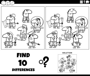 Farklı mesleklerden insanlarla resim eğitimi oyunu arasındaki farklılıkları gösteren siyah beyaz çizgi film çizimi karakter grup boyama sayfası