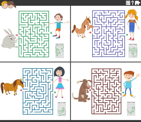 子供とその動物で設定された教育迷路パズル活動の漫画イラスト — ストックベクタ