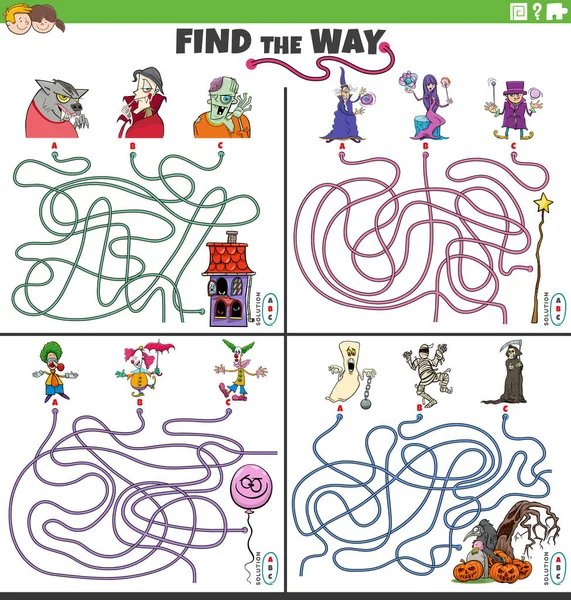 Ilustración Dibujos Animados Encontrar Camino Laberinto Juegos Puzzle Con Personajes — Archivo Imágenes Vectoriales