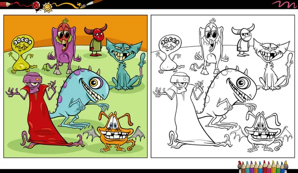 Dibujos Animados Ilustración Monstruos Divertidos Personajes Cómicos Extranjeros Página Para — Vector de stock