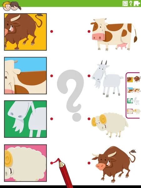 Desenhos Animados Ilustração Jogo Correspondência Educacional Com Personagens Animais Fazenda — Vetor de Stock