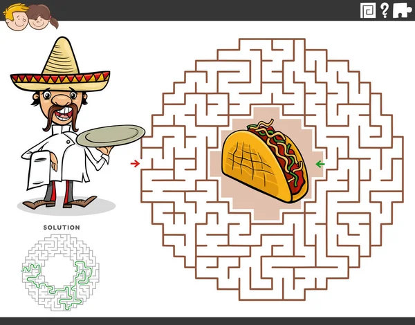 Cartoon Ilustrace Vzdělávací Bludiště Puzzle Hra Legrační Kuchař Charakter Taco — Stockový vektor