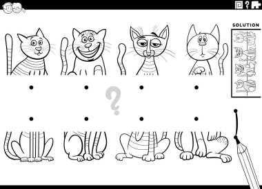Çizgi film, resimlerin yarısını komik kedilerle, hayvan karakterlerinin boyama sayfalarıyla eşleştirmenin eğitici görevinin siyah ve beyaz çizimi