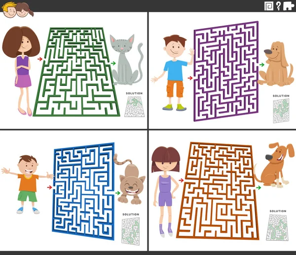 Cartoon Illustratie Van Educatieve Doolhof Puzzel Spelletjes Set Met Kinderen — Stockvector