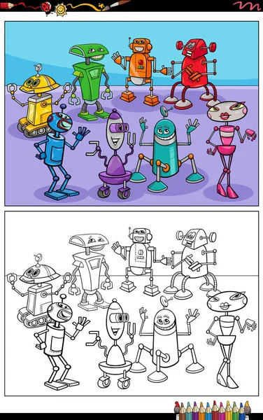 Cartoon Illustrations Funny Robots Droids Characters Group Coloring Page — Stock Vector