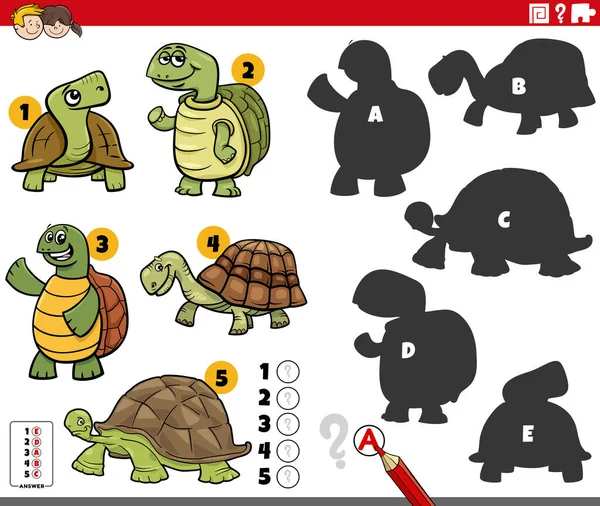 Ilustracja Kreskówki Znalezienie Odpowiednich Cieni Zdjęć Edukacyjnej Gry Zabawnych Żółwi — Wektor stockowy