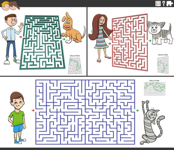 Dibujos Animados Ilustración Juegos Puzzle Laberinto Educativo Conjunto Con Niños — Archivo Imágenes Vectoriales